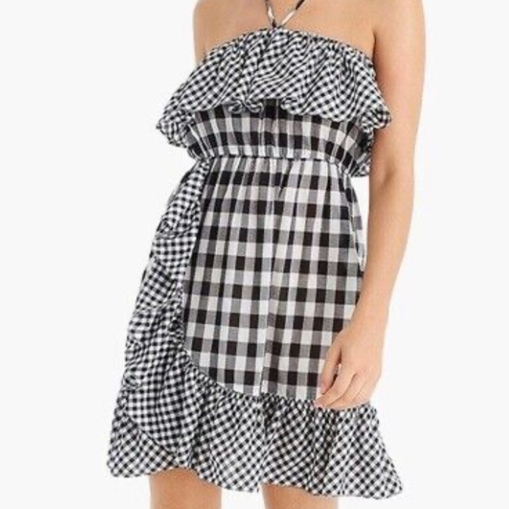 J. Crew NWOT buffalo check ruffle strapless mini dress size L